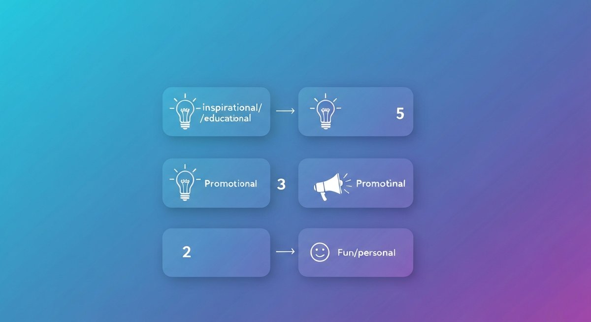 Instagram 5-3-2 content rule infographic showing inspirational, promotional, and fun content blocks.